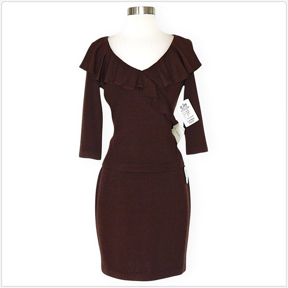 St. John Brown Knit Ruffle Neck Top Pencil Skirt Outfit Skirt Set New NWT 0 / 2 - Picture 1 of 5